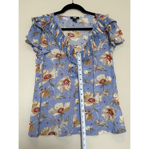 SILK Paige Women's Blue Floral Ruffle Sheer Blouse Top Size Small Flutter Sleeve - Picture 9 of 10